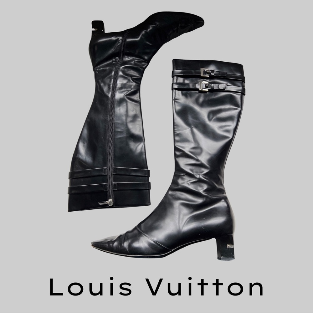 LOUIS VUITTON VINTAGE BLACK POLISHED LEATHER KNEE HIGH RIDING BOOTS - SIZE 39